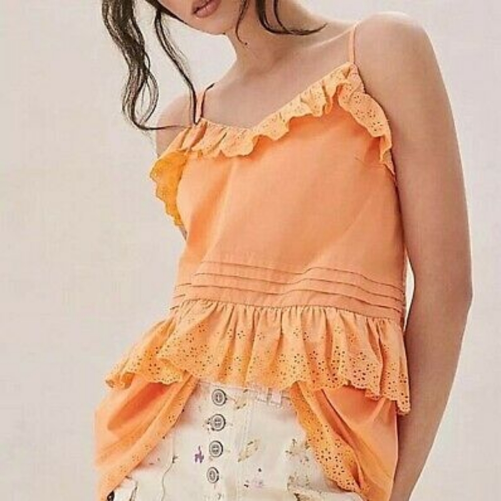 Anthropologie eyelet ruffle adjustable straps tank top, medium, orange